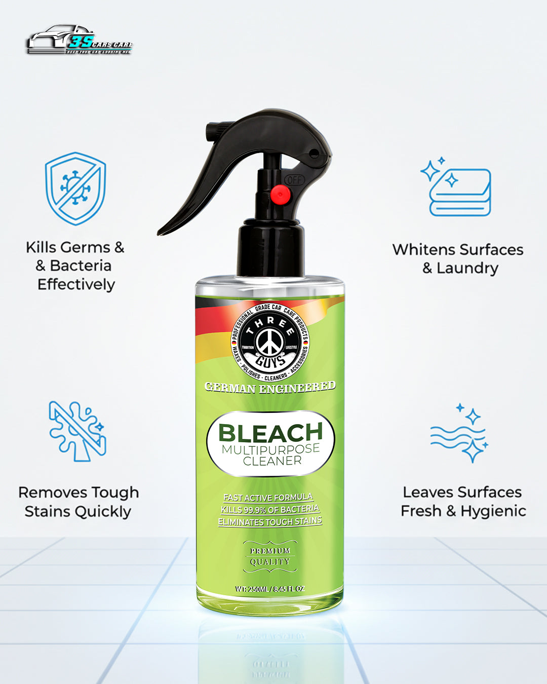 Multipurpose Cleaner with Bleach – Disinfects & Removes Tough Stains
| THREE GUYS - German Engineered