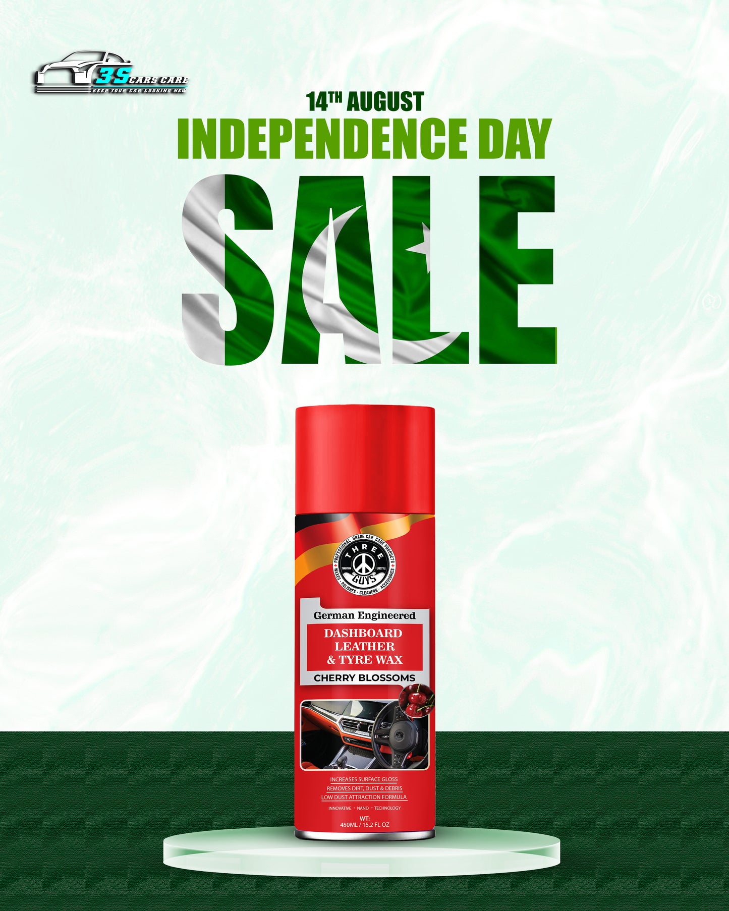 THREE GUYS Dashboard Leather & Tyre Wax (450ml) โ Cherry Blossoms Fragrance | UV Protection & Dust Repellent | German Engineered