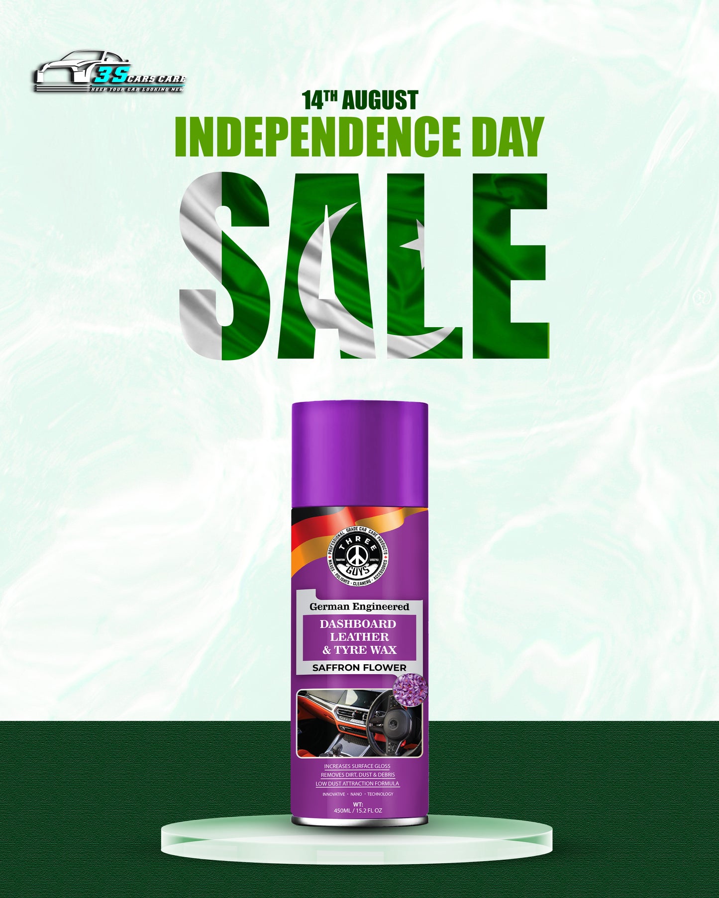 THREE GUYS Dashboard Leather & Tyre Wax (450ml) β Saffron Flower Fragrance | UV Protection & Dust Repellent | German Engineered