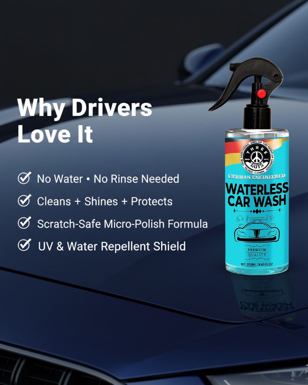 Waterless Car Wash – Shine, Clean & Protect – 250ml - No Rinse – Eco-Friendly Car Cleaner & Polish | THREE GUYS - German Engineered