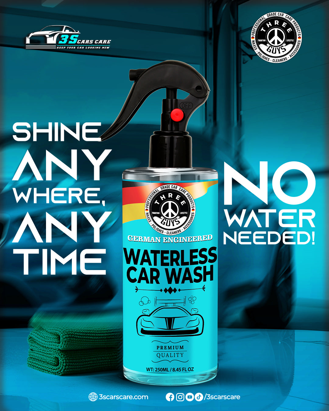 Waterless Car Wash – Shine, Clean & Protect – 250ml - No Rinse – Eco-Friendly Car Cleaner & Polish | THREE GUYS - German Engineered
