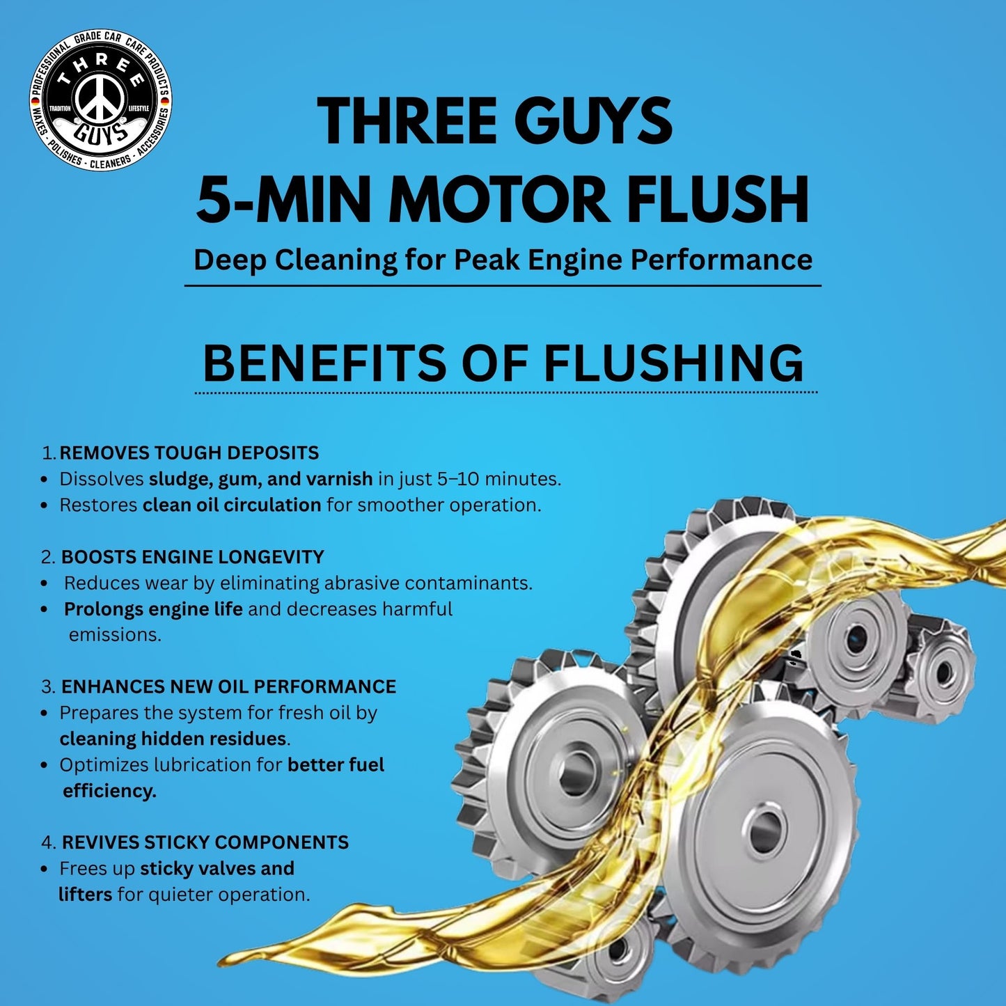 5-Min Motor Flush 443ML – Engine Flush Cleaner for Oil Change & Sludge Removal | THREE GUYS - German Engineered