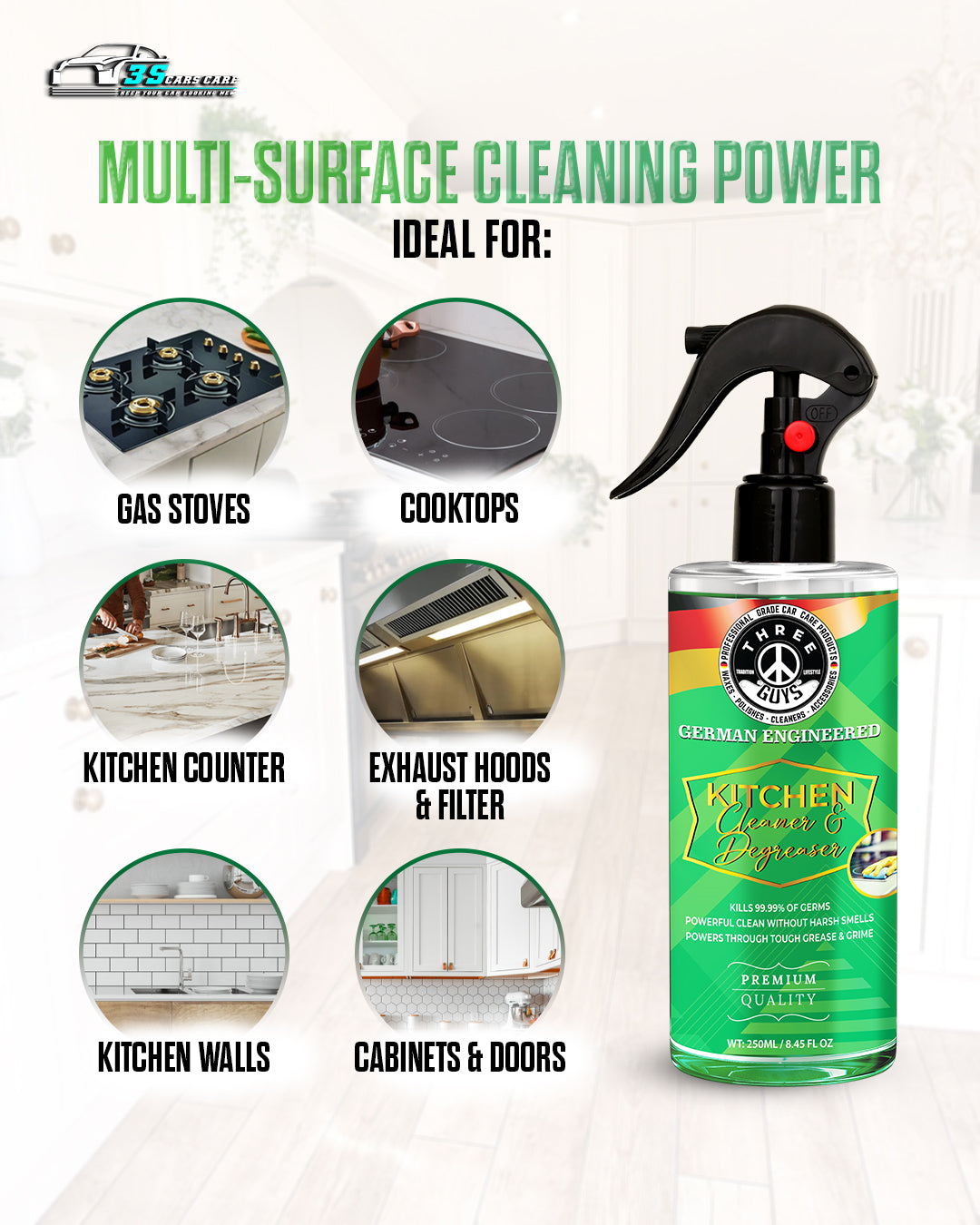 Kitchen Cleaner & Degreaser – Heavy Duty, Germ-Killing & Grease-Fighting Formula | THREE GUYS - German Engineered