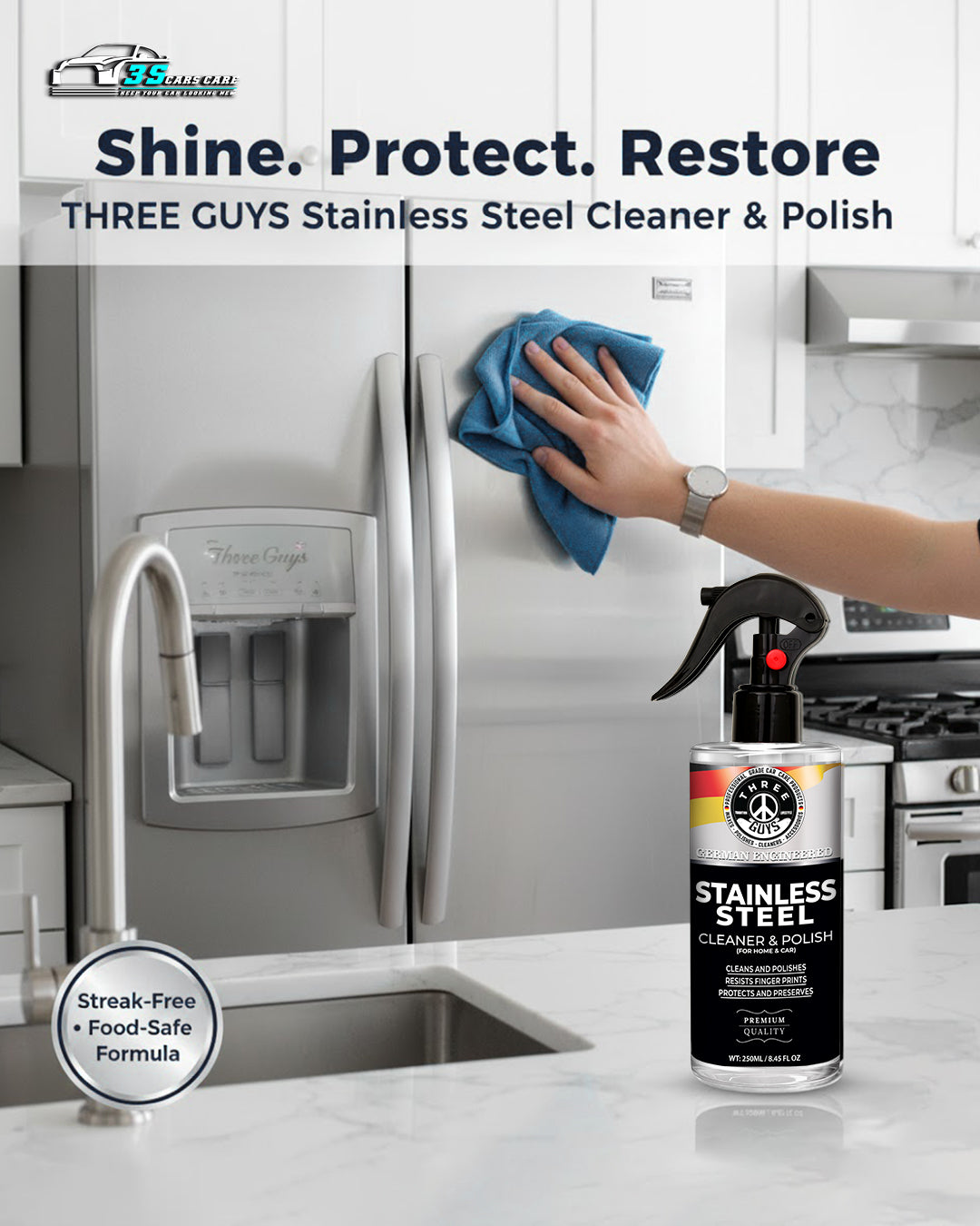 Stainless Steel Cleaner & Polish – Fingerprint Remover & Protective Shine Spray | THREE GUYS - German Engineered