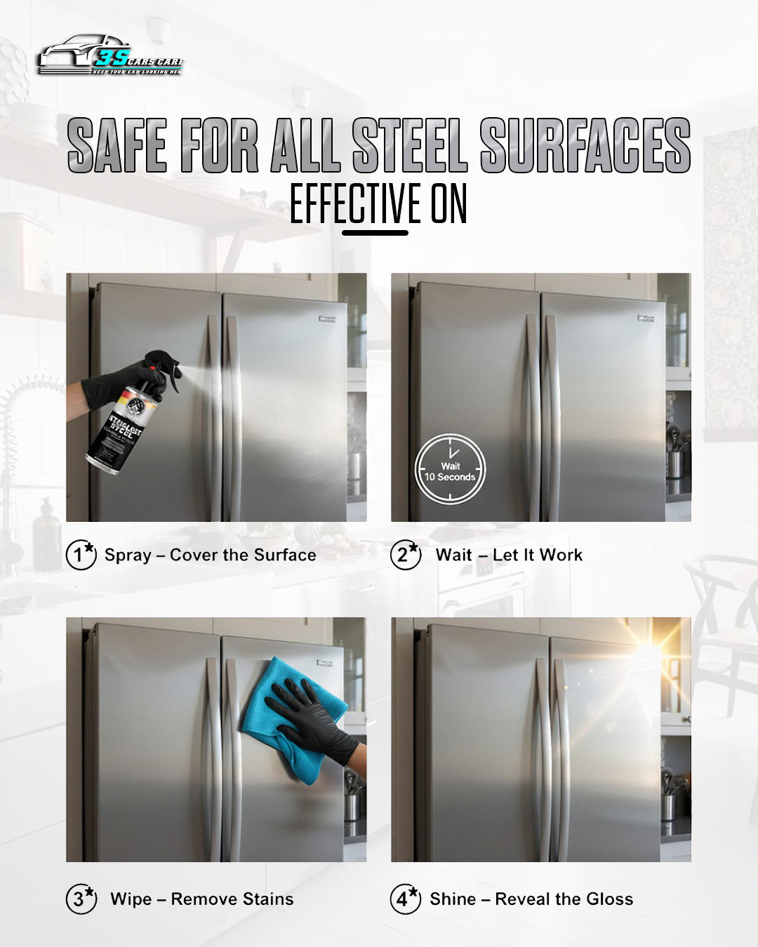 Stainless Steel Cleaner & Polish – Fingerprint Remover & Protective Shine Spray | THREE GUYS - German Engineered