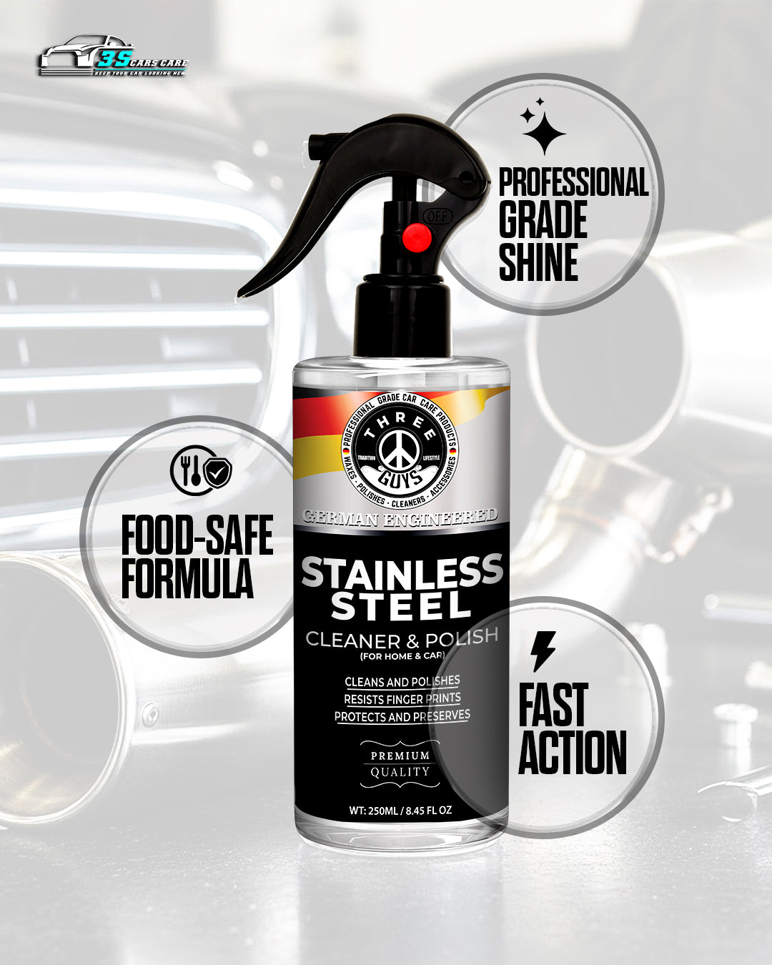 Stainless Steel Cleaner & Polish – Fingerprint Remover & Protective Shine Spray | THREE GUYS - German Engineered