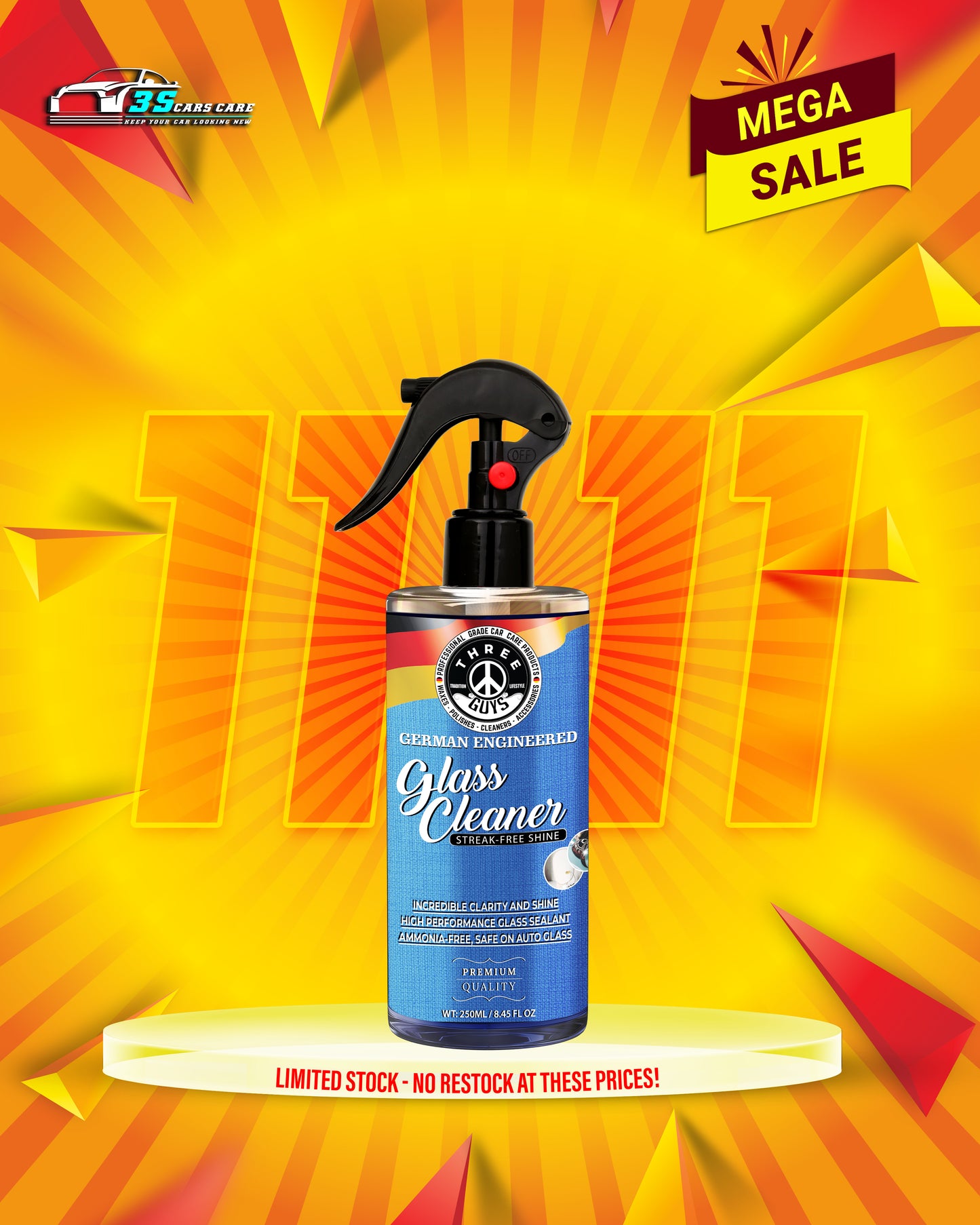 Glass Cleaner Spray – Streak-Free Shine for Car & Home – 250ml | THREE GUYS - German Engineered