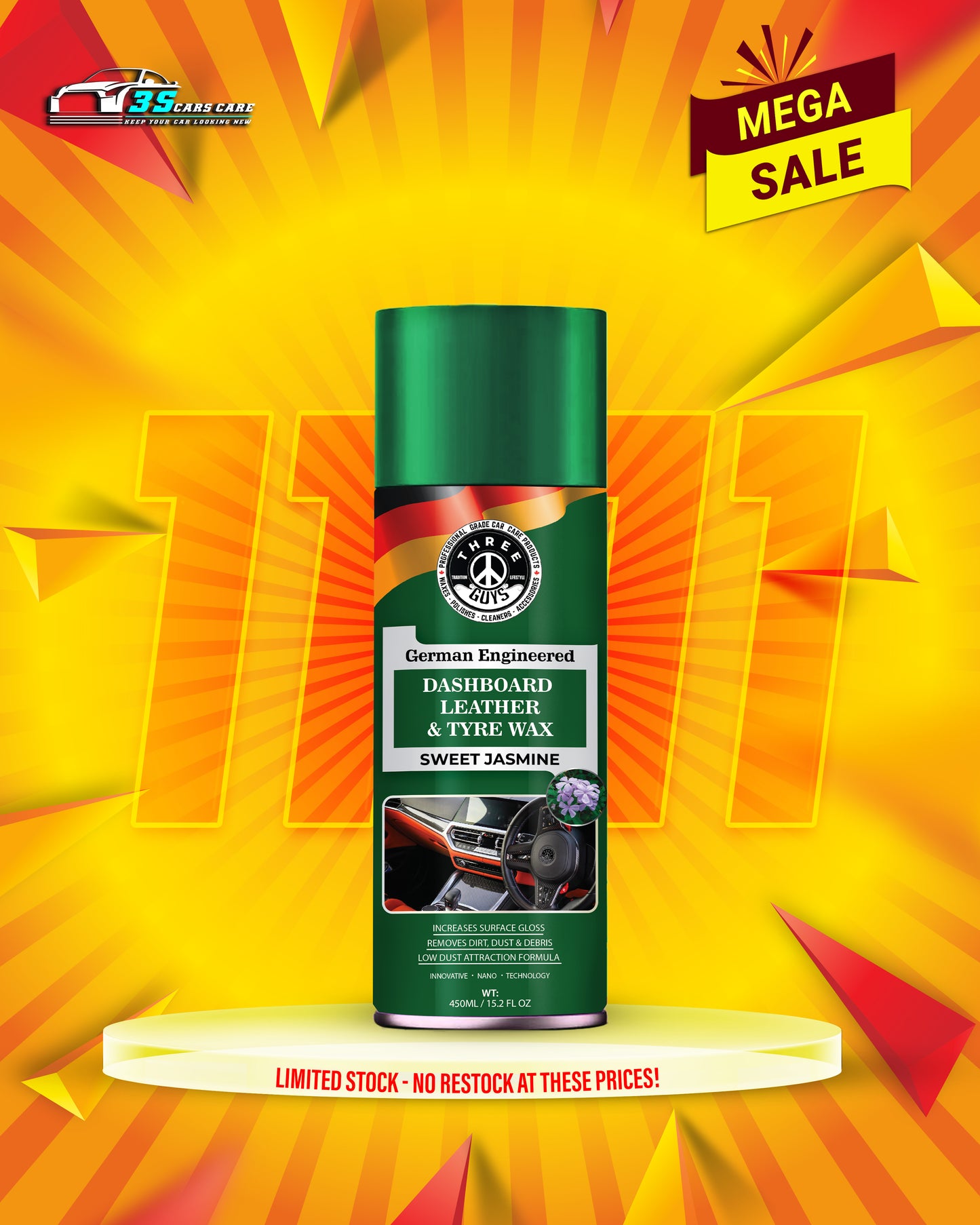 THREE GUYS Dashboard Leather & Tyre Wax (450ml) – Sweet Jasmine Fragrance | UV Protection & Dust Repellent | German Engineered