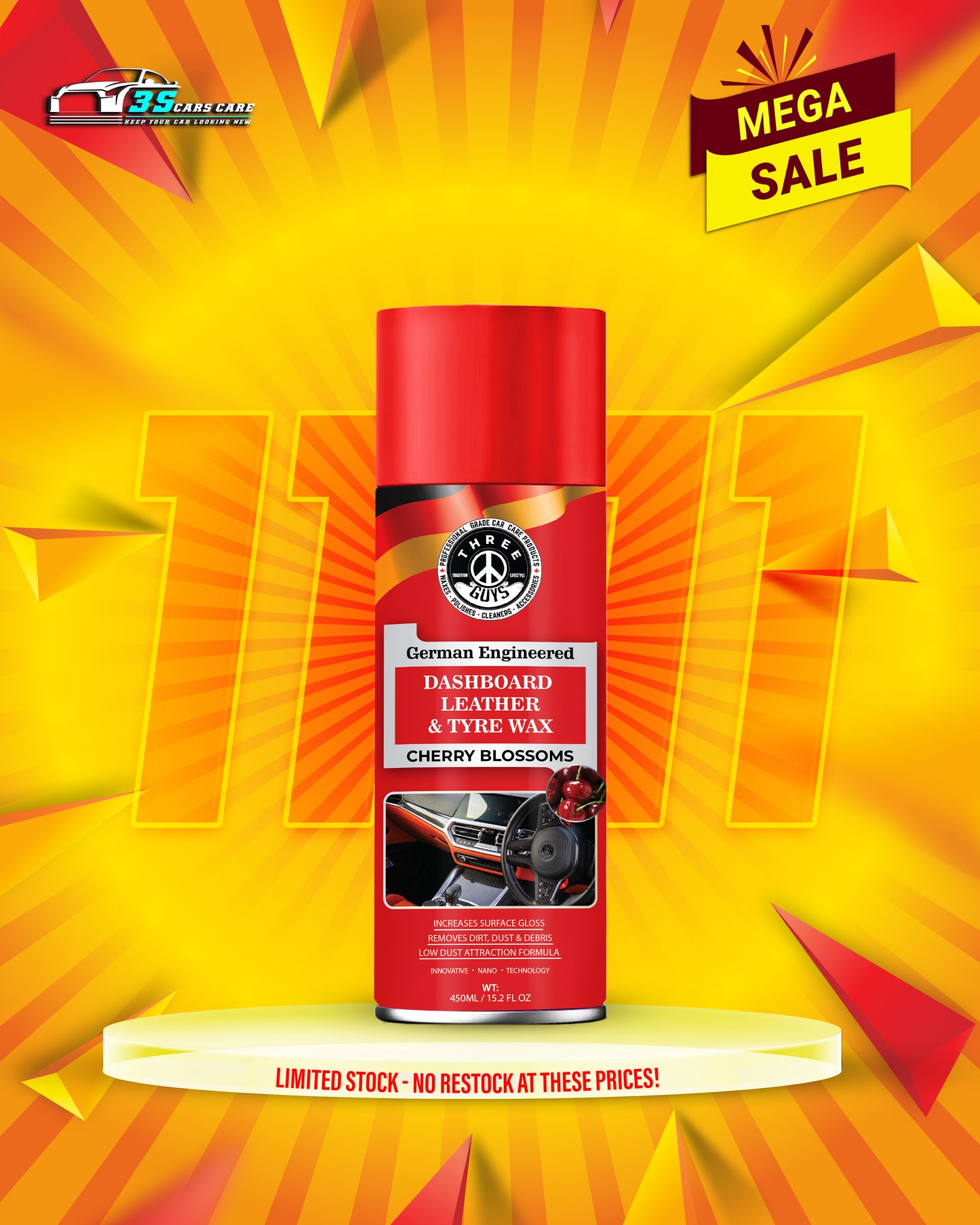 THREE GUYS Dashboard Leather & Tyre Wax (450ml) – Cherry Blossoms Fragrance | UV Protection & Dust Repellent | German Engineered