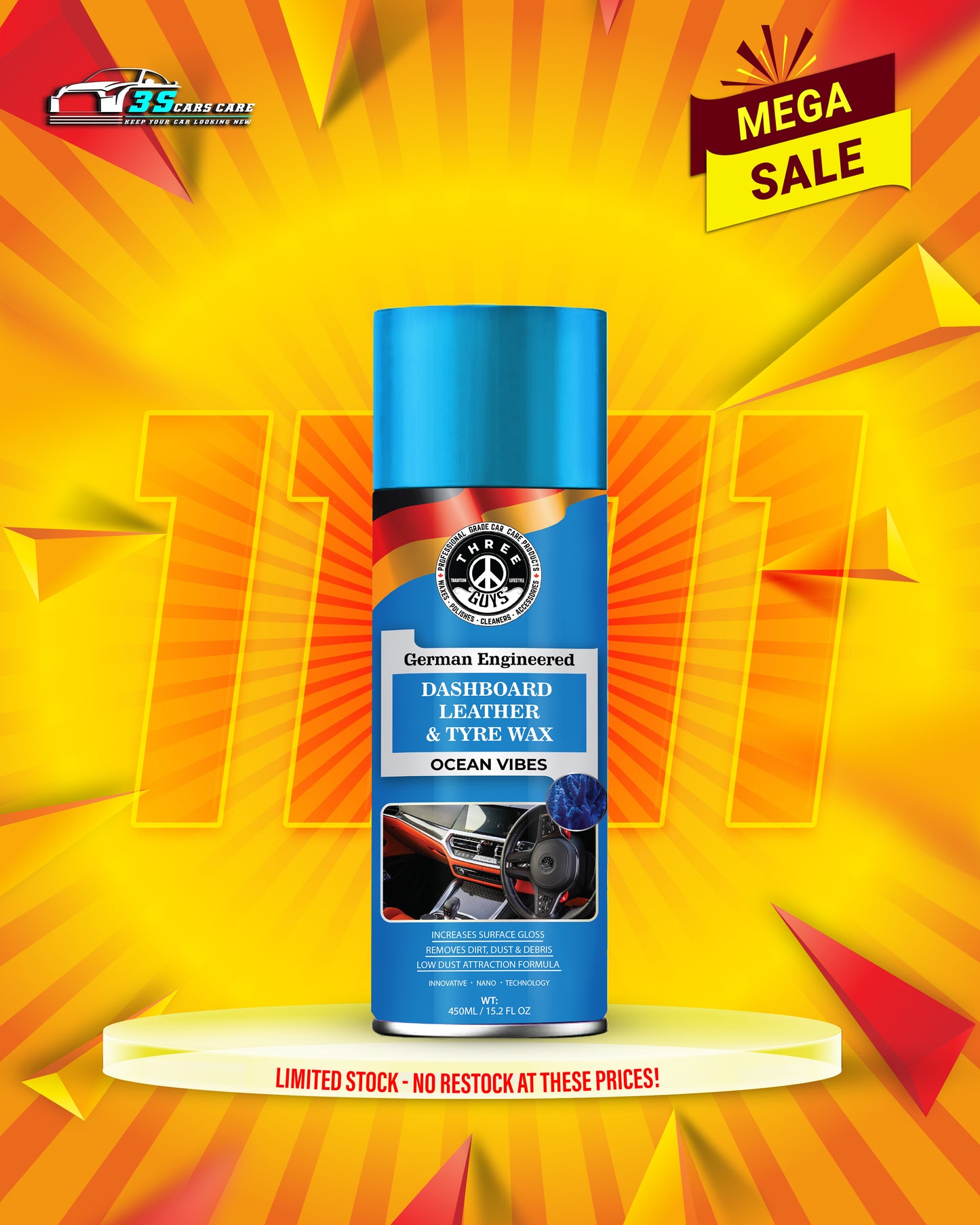 THREE GUYS Dashboard Leather & Tyre Wax (450ml) – Ocean Vibes Fragrance | UV Protection & Dust Repellent | German Engineered