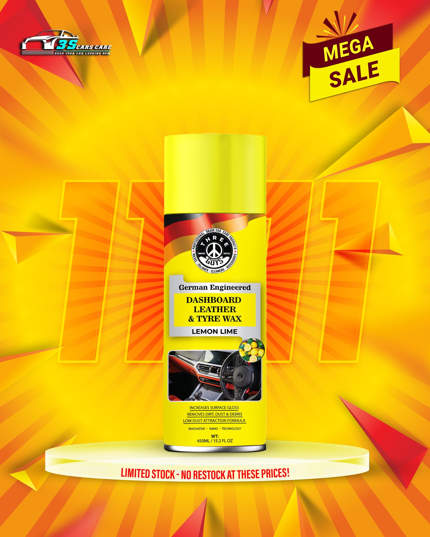 THREE GUYS Dashboard Leather & Tyre Wax (450ml) – Lemon Lime Fragrance | UV Protection & Dust Repellent | German Engineered