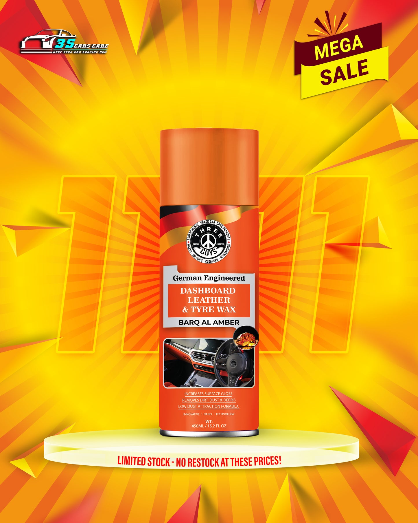 THREE GUYS Dashboard Leather & Tyre Wax (450ml) – Barq Al Amber Fragrance | UV Protection & Dust Repellent | German Engineered