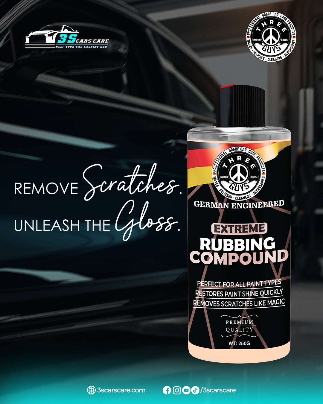 Extreme Rubbing Compound – Scratch & Swirl Remover | THREE GUYS | German Engineered (250g)