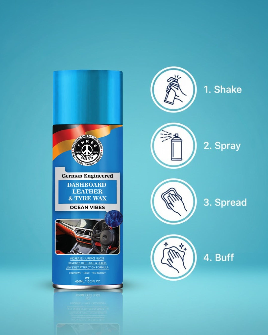 THREE GUYS Dashboard Leather & Tyre Wax (450ml) – Ocean Vibes Fragrance | UV Protection & Dust Repellent | German Engineered