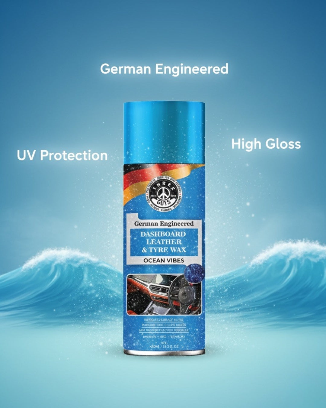 THREE GUYS Dashboard Leather & Tyre Wax (450ml) – Ocean Vibes Fragrance | UV Protection & Dust Repellent | German Engineered