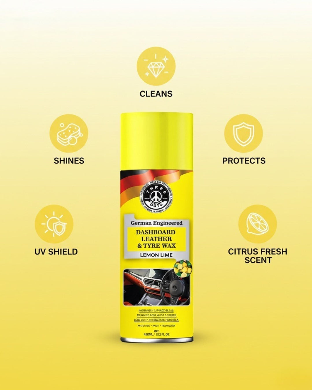 THREE GUYS Dashboard Leather & Tyre Wax (450ml) – Lemon Lime Fragrance | UV Protection & Dust Repellent | German Engineered