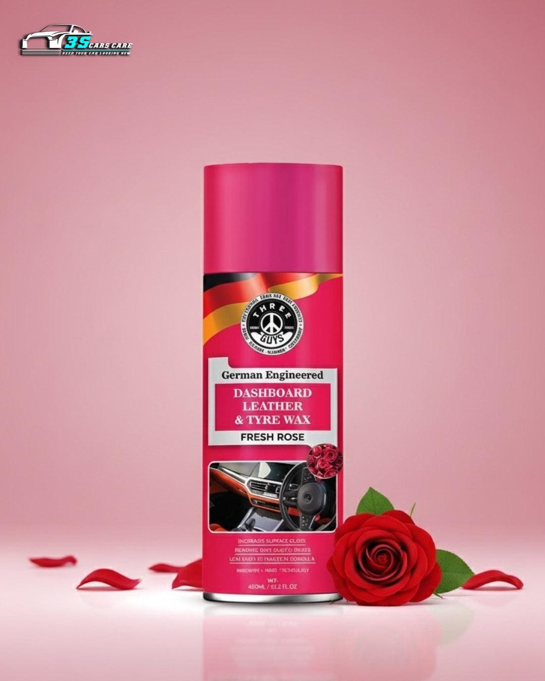 THREE GUYS Dashboard Leather & Tyre Wax (450ml) – Fresh Rose Fragrance | UV Protection & Dust Repellent | German Engineered