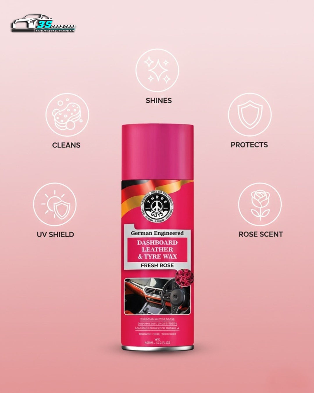 THREE GUYS Dashboard Leather & Tyre Wax (450ml) – Fresh Rose Fragrance | UV Protection & Dust Repellent | German Engineered