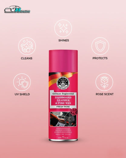 THREE GUYS Dashboard Leather & Tyre Wax (450ml) – Fresh Rose Fragrance | UV Protection & Dust Repellent | German Engineered