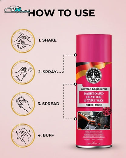 THREE GUYS Dashboard Leather & Tyre Wax (450ml) – Fresh Rose Fragrance | UV Protection & Dust Repellent | German Engineered