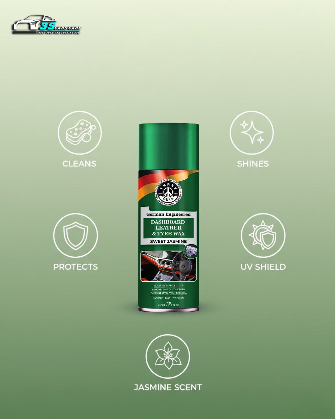 THREE GUYS Dashboard Leather & Tyre Wax (450ml) – Sweet Jasmine Fragrance | UV Protection & Dust Repellent | German Engineered