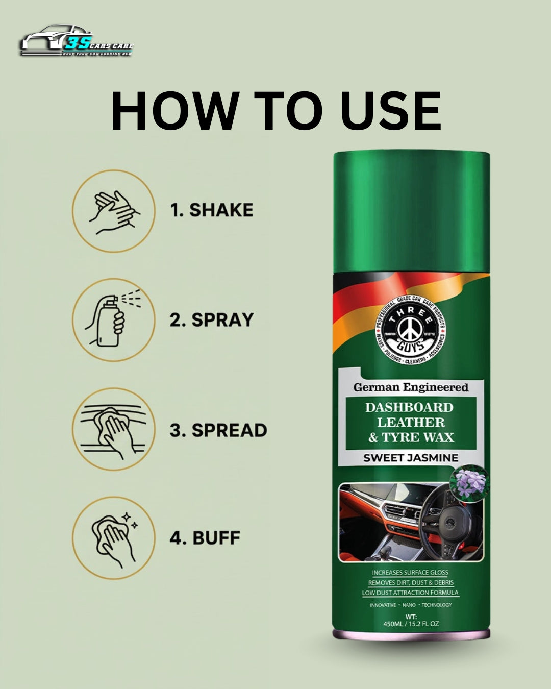 THREE GUYS Dashboard Leather & Tyre Wax (450ml) – Sweet Jasmine Fragrance | UV Protection & Dust Repellent | German Engineered