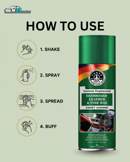 THREE GUYS Dashboard Leather & Tyre Wax (450ml) – Sweet Jasmine Fragrance | UV Protection & Dust Repellent | German Engineered