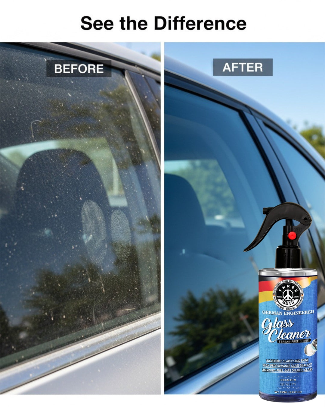 Glass Cleaner Spray – Streak-Free Shine for Car & Home – 250ml | THREE GUYS - German Engineered