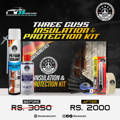 THREE GUYS Insulation & Protection Kit – German Engineered | PU Foam Sealant (750ml), Anti-Rust Lubricant Spray (450ml), High-Elasticity Gloves, Cutter Knife & Masking Tape for Automotive & Industrial Use