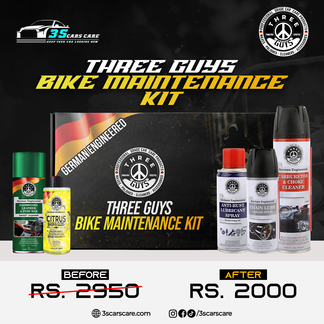 THREE GUYS Bike Maintenance Kit – Complete Care for Motorcycles | Chain Lube Grease Spray, Anti-Rust Spray, Carburetor & Choke Cleaner, Citrus Wash & Gloss Shampoo, Leather & Tyre Wax (Sweet Jasmine Fragrance)