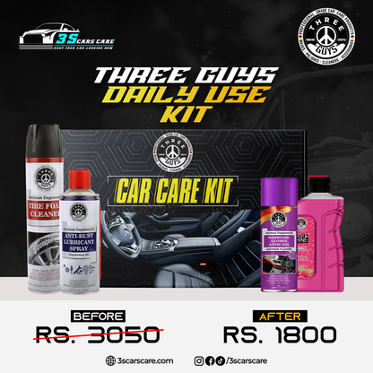 THREE GUYS Daily Use Kit – Essential Car Care for Everyday Shine & Protection | Tire Foam Cleaner, Anti-Rust Lubricant Spray, Dashboard & Tyre Wax (Saffron Flower Fragrance), Wash & Shine Shampoo (Raspberry)