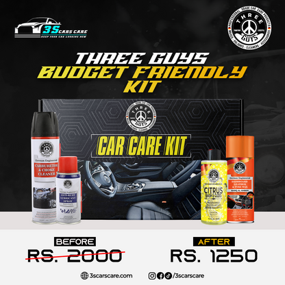 THREE GUYS Budget-Friendly Kit – Affordable Car Care Essentials | Carburetor & Choke Cleaner, Anti-Rust Lubricant Spray, Citrus Wash & Gloss Shampoo, Dashboard & Tyre Wax (Barq Al Amber Fragrance)